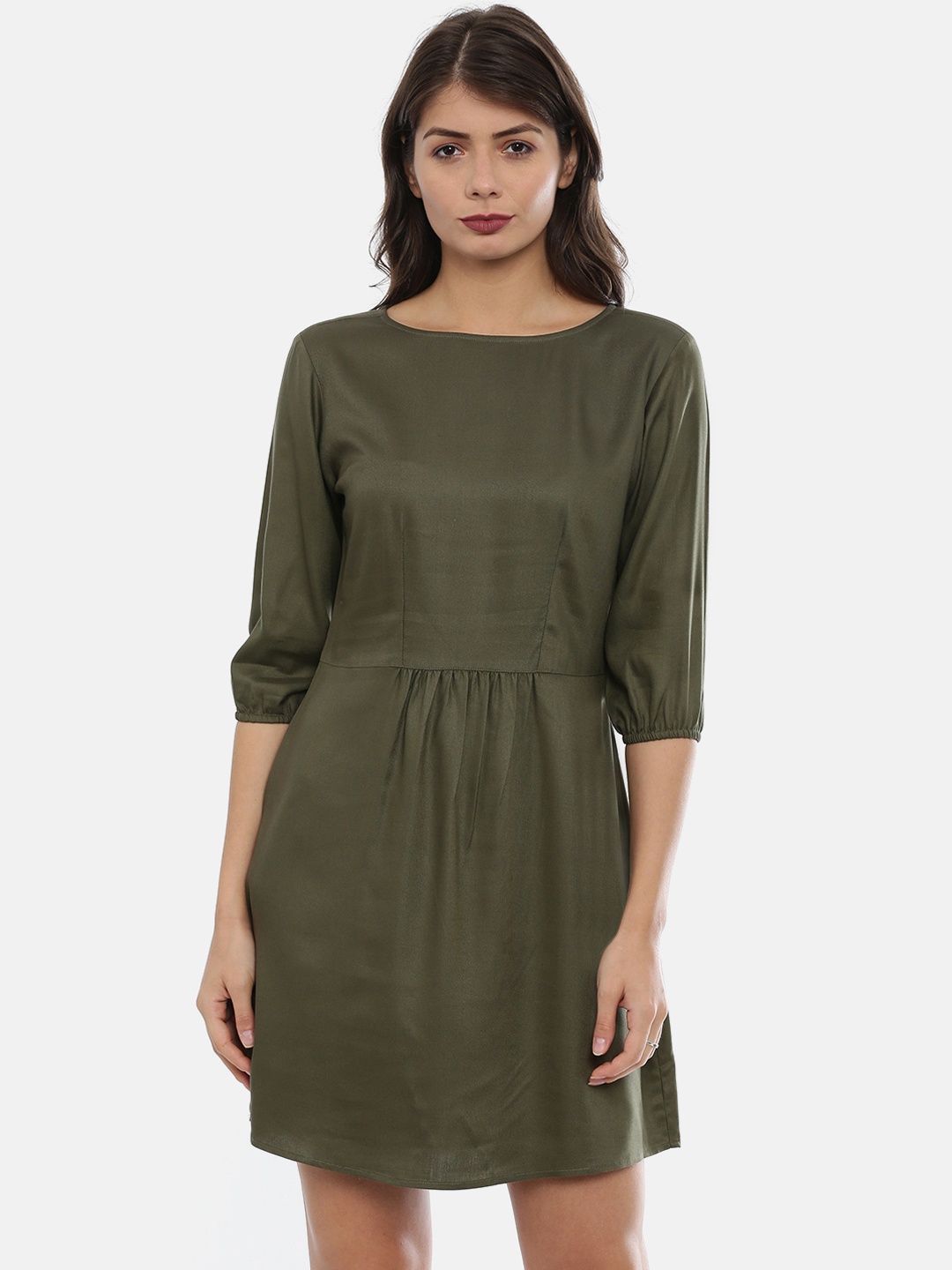 

IDK Women Olive Green Solid Fit and Flare Dress
