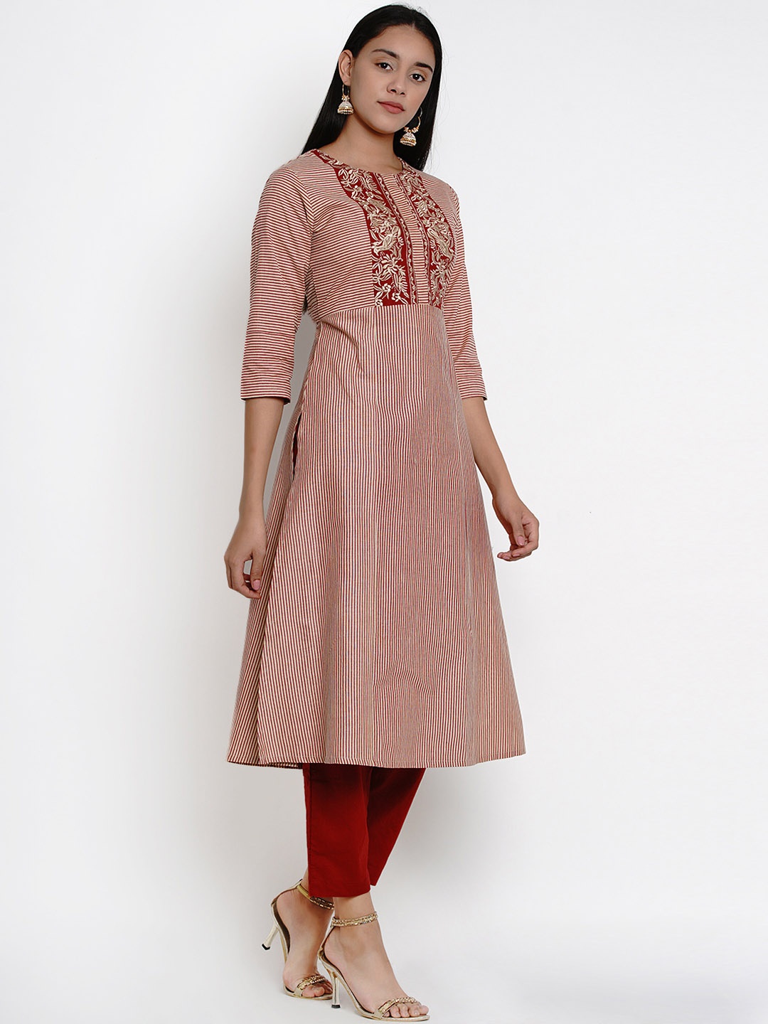 

Bhama Couture Women Beige Striped Regular Thread Work Pure Cotton Kurta with Palazzos