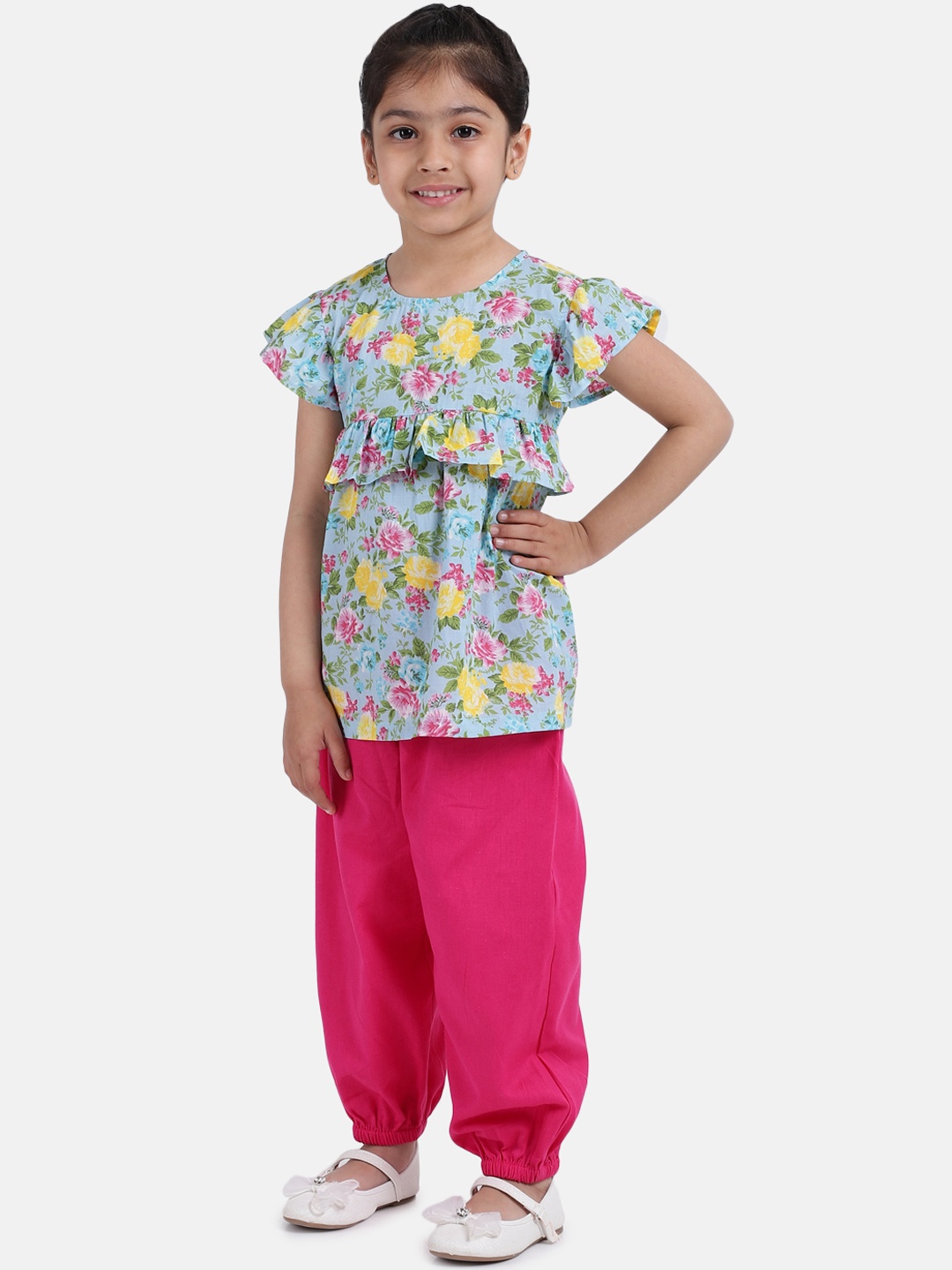 

BownBee Girls Pink & Blue Solid Top With Harem Pant