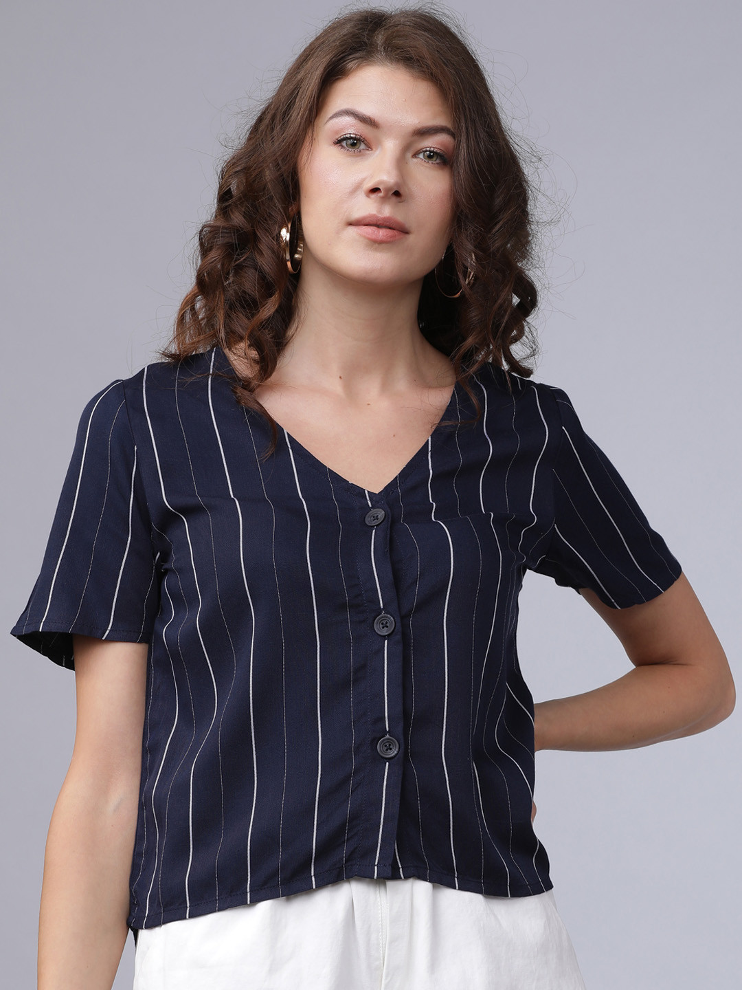 

Tokyo Talkies Navy Blue & White Vertical Striped Top