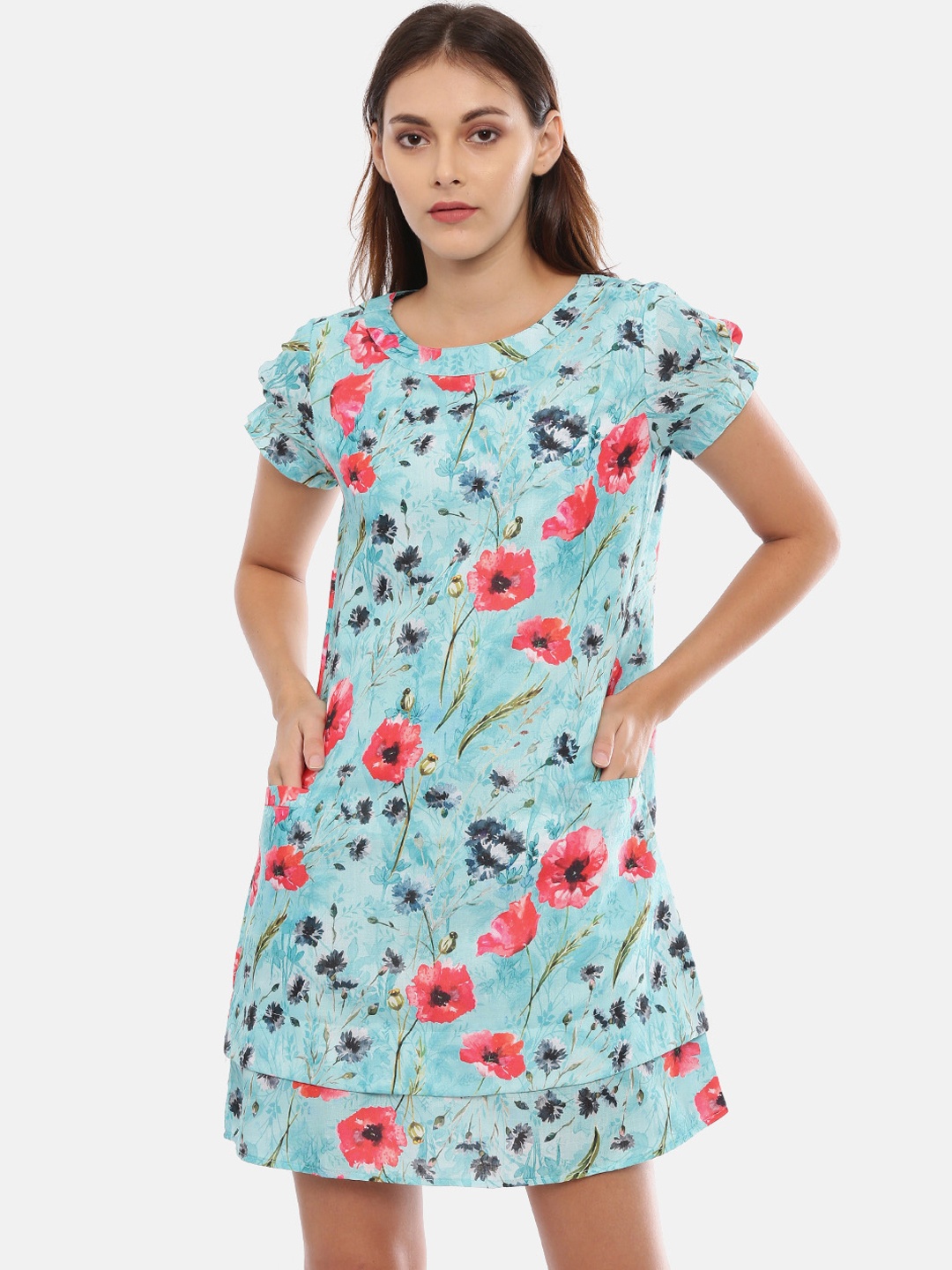 

IDK Women Blue Printed A-Line Dress