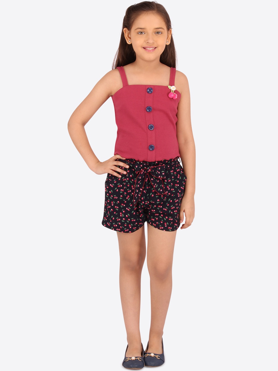 

CUTECUMBER Girls Pink & Navy Blue Self Design Top with Shorts