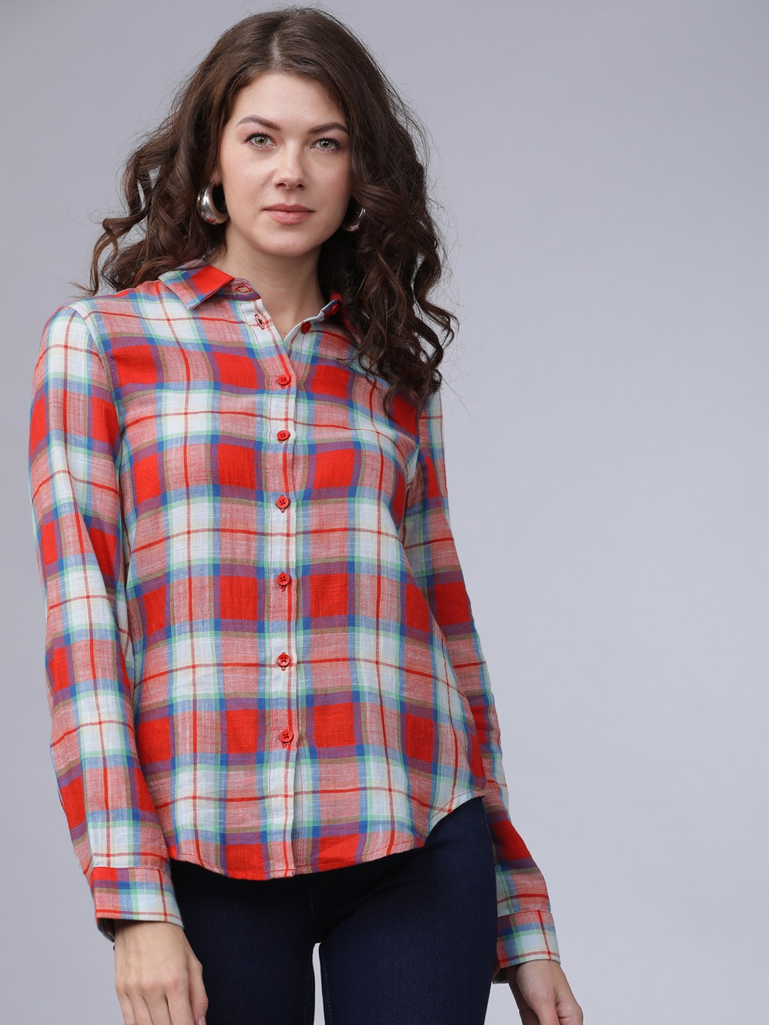 

Tokyo Talkies Women Red & Blue Regular Fit Checked Casual Shirt