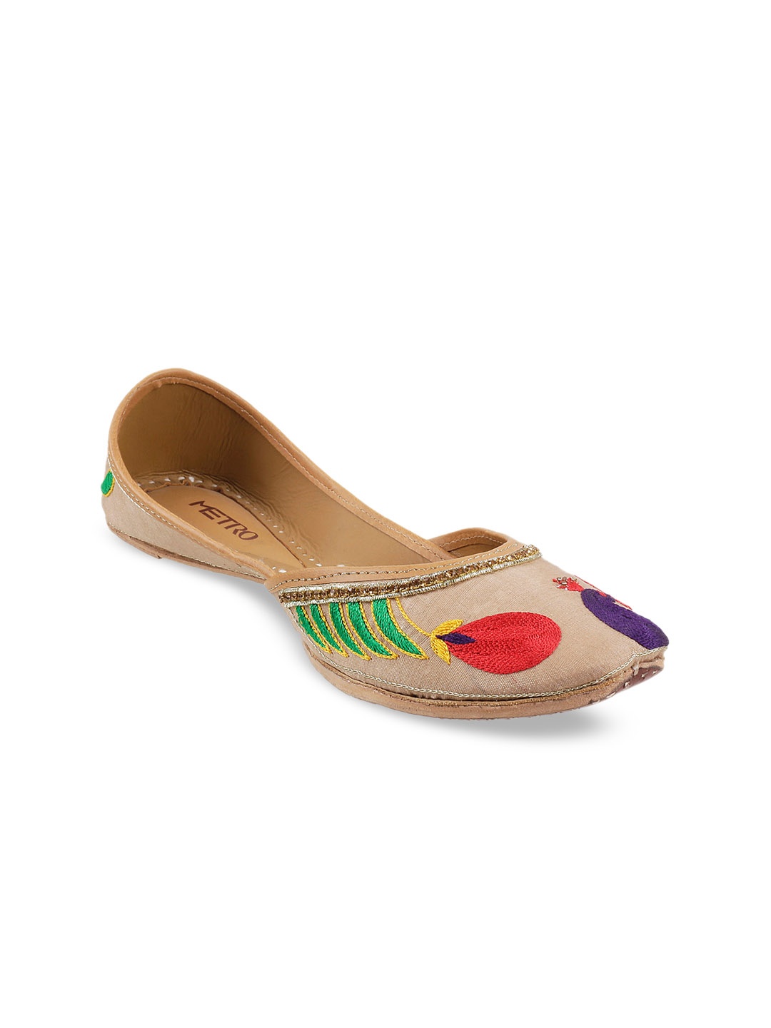 Metro Women Beige Embroidered Leather Mojaris