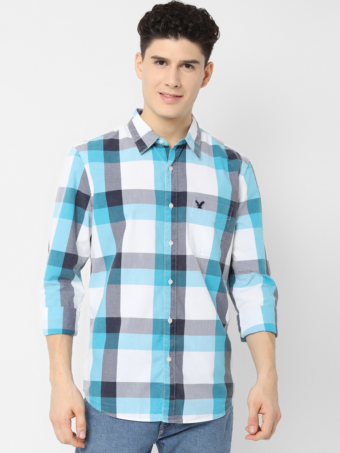 

AMERICAN EAGLE OUTFITTERS Men Blue & White Slim Fit Checked Casual Shirt