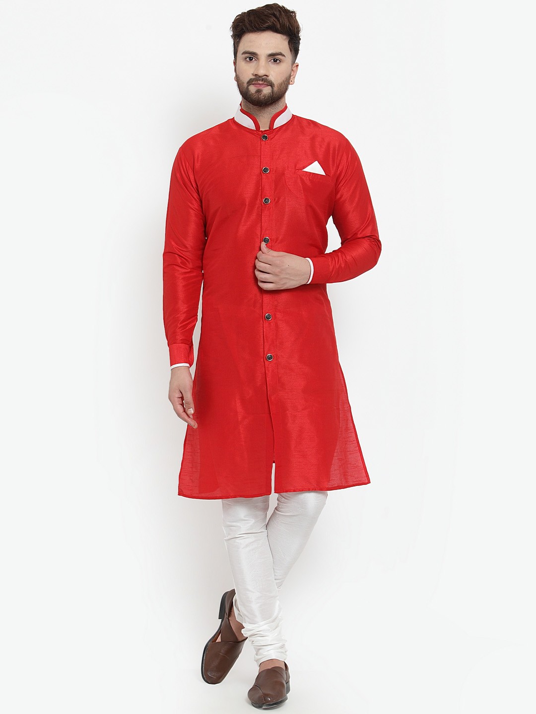 

Benstoke Men Red & White Solid Silk Sherwani Set