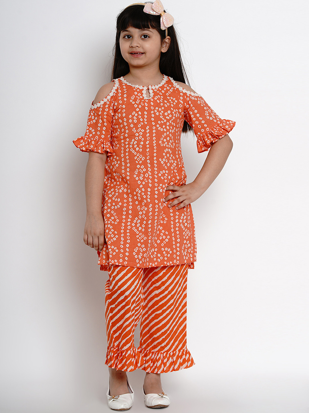 

Bitiya by Bhama Girls Orange & White Bandhani Print Kurta with Palazzos