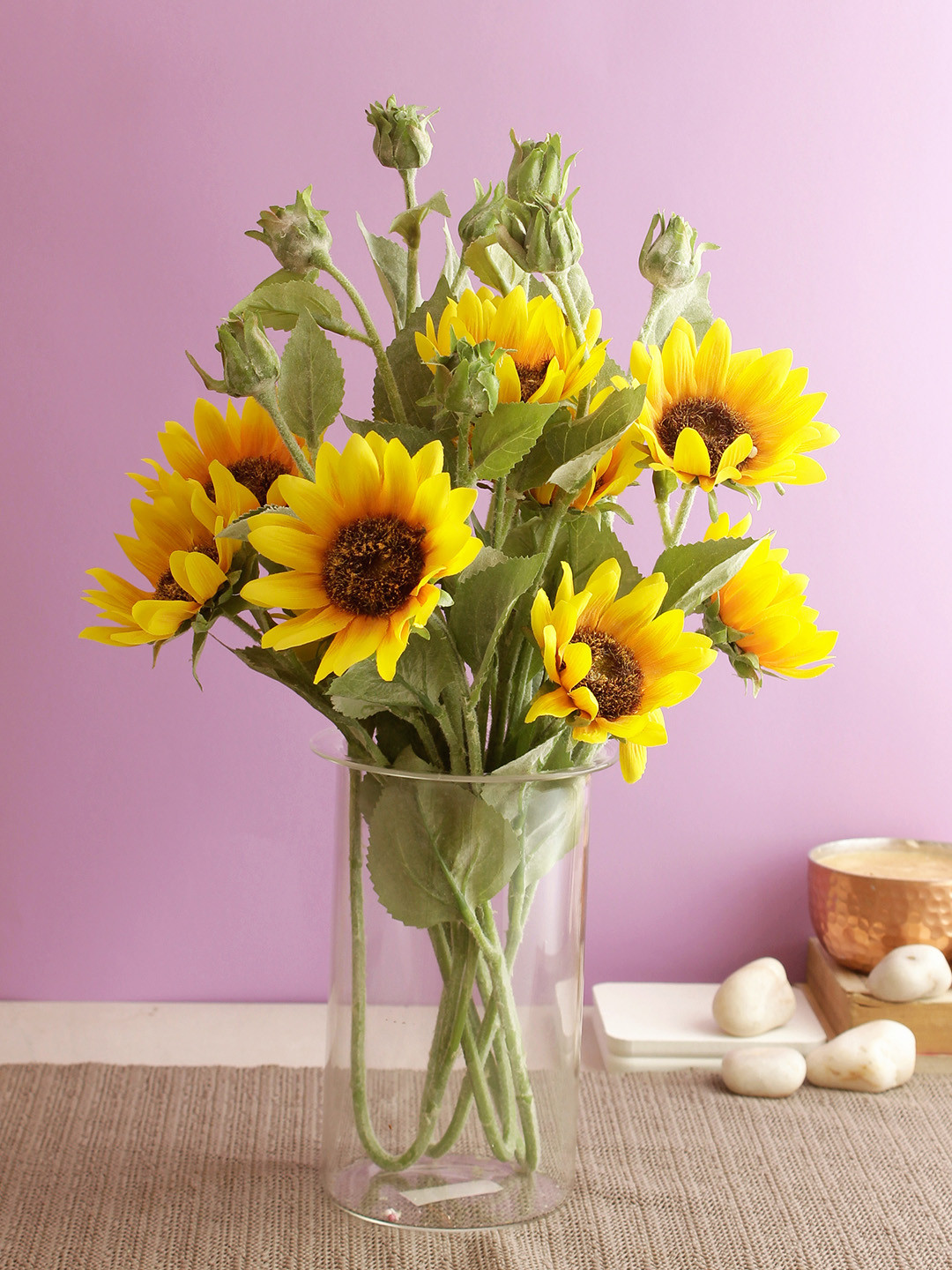

Aapno Rajasthan Set Of 2 Yellow & Green Artificial Soothing Tufted Sunflower Stems