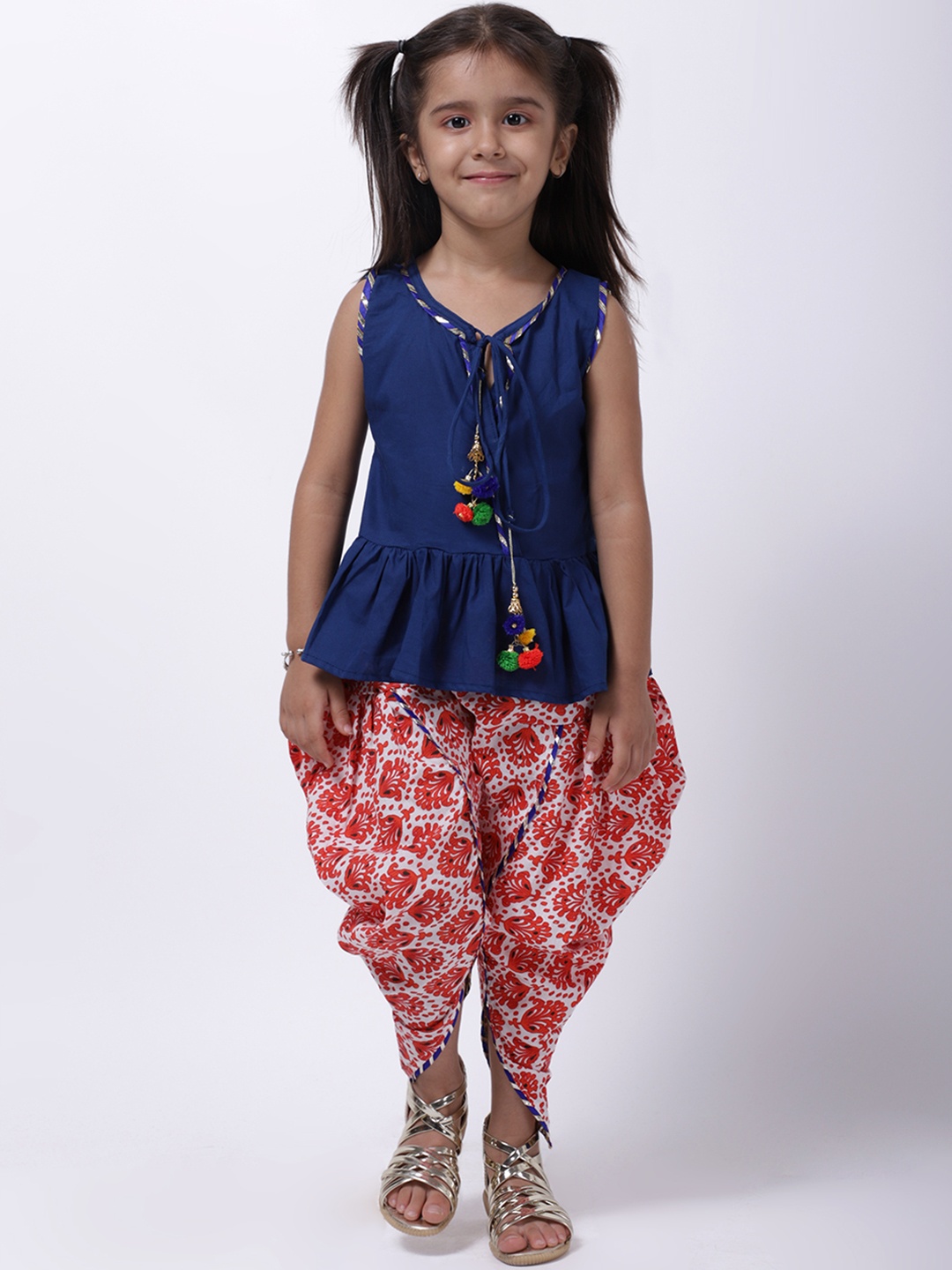 

BownBee Girls Blue & Red Solid Top with Dhoti Pants