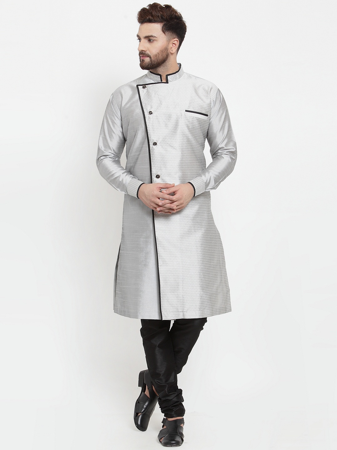 

Benstoke Men Silver-Coloured & Black Woven Design Silk Sherwani & Churidar set