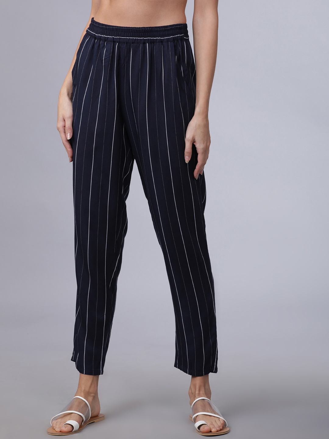 

Tokyo Talkies Women Navy Blue & White Straight Fit Striped Peg Trousers