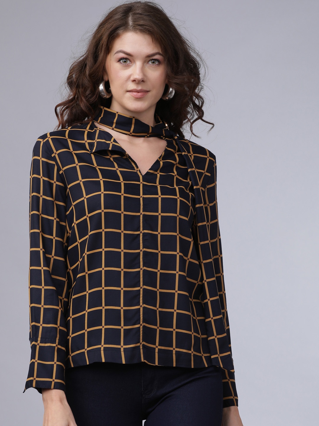 

Tokyo Talkies Women Navy Blue Checked A-Line Top