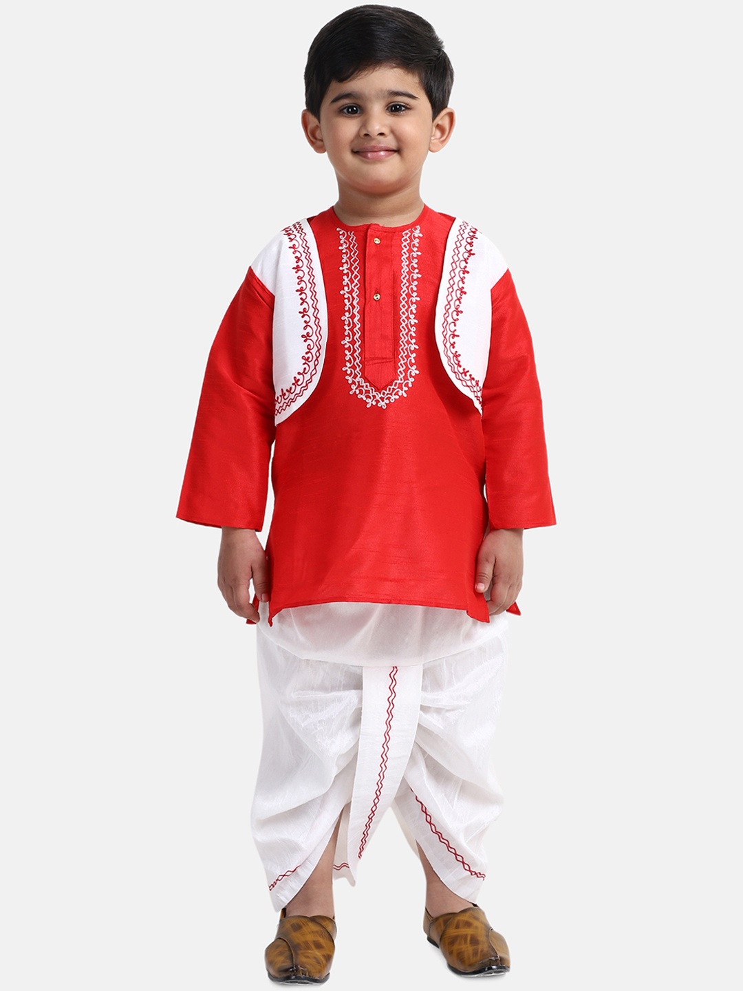 

BownBee Boys Red & White Embroidered Panchakattu