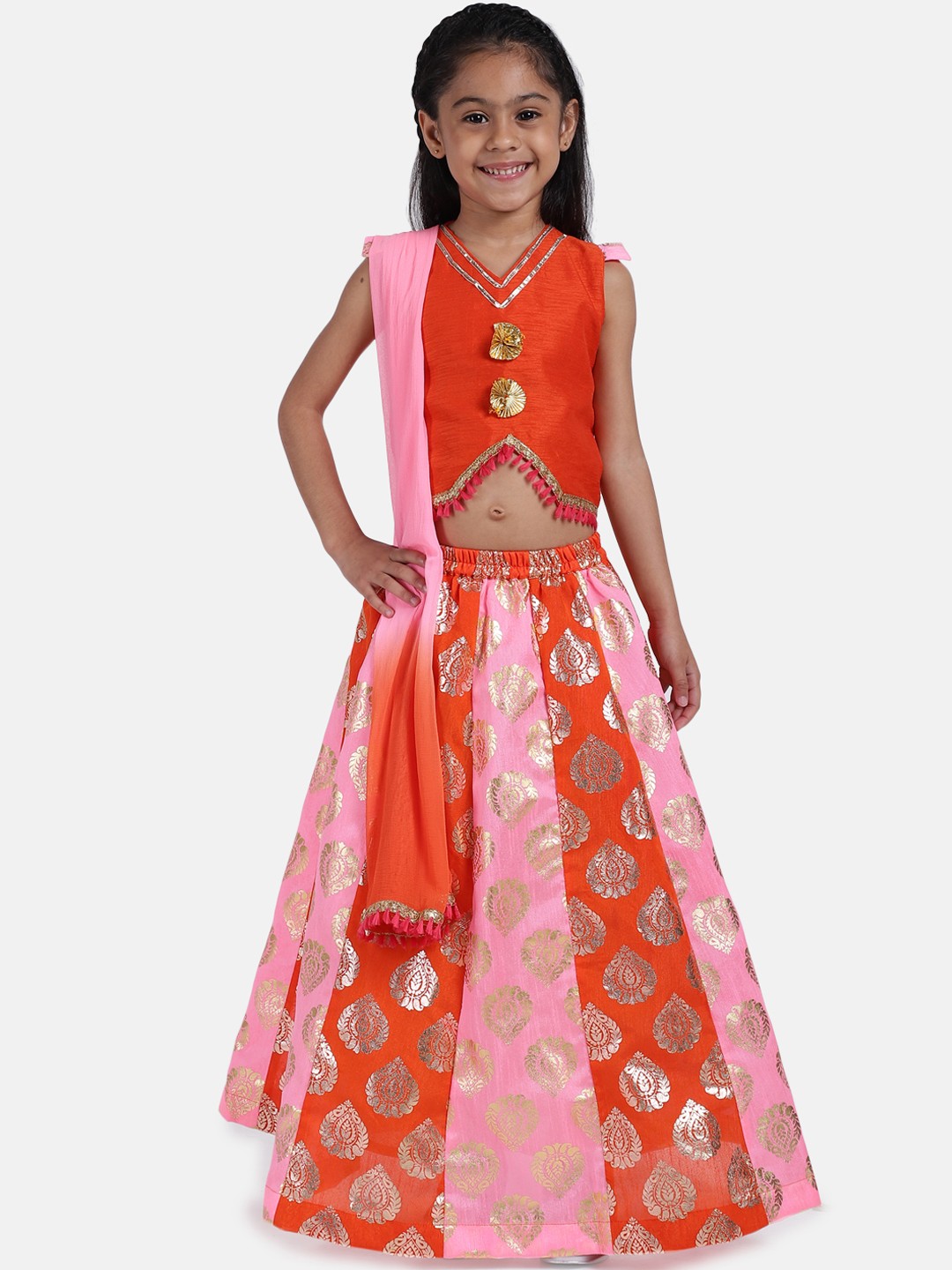 

BownBee Girls Orange & Orange Printed Ready to Wear Pattu Pavadai with Dupatta