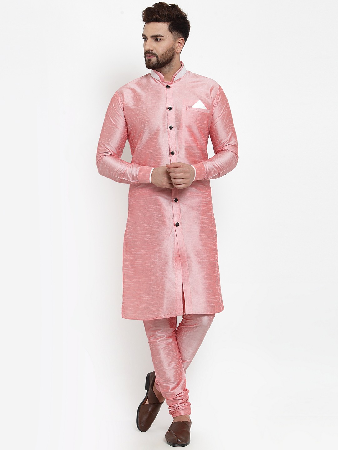 

Benstoke Men Pink & White Self-Design Silk Sherwani Set