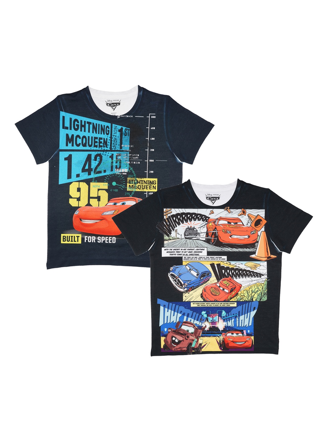 

YK Disney Boys Pack of 2 Cars Printed Round Neck T-shirts, Blue