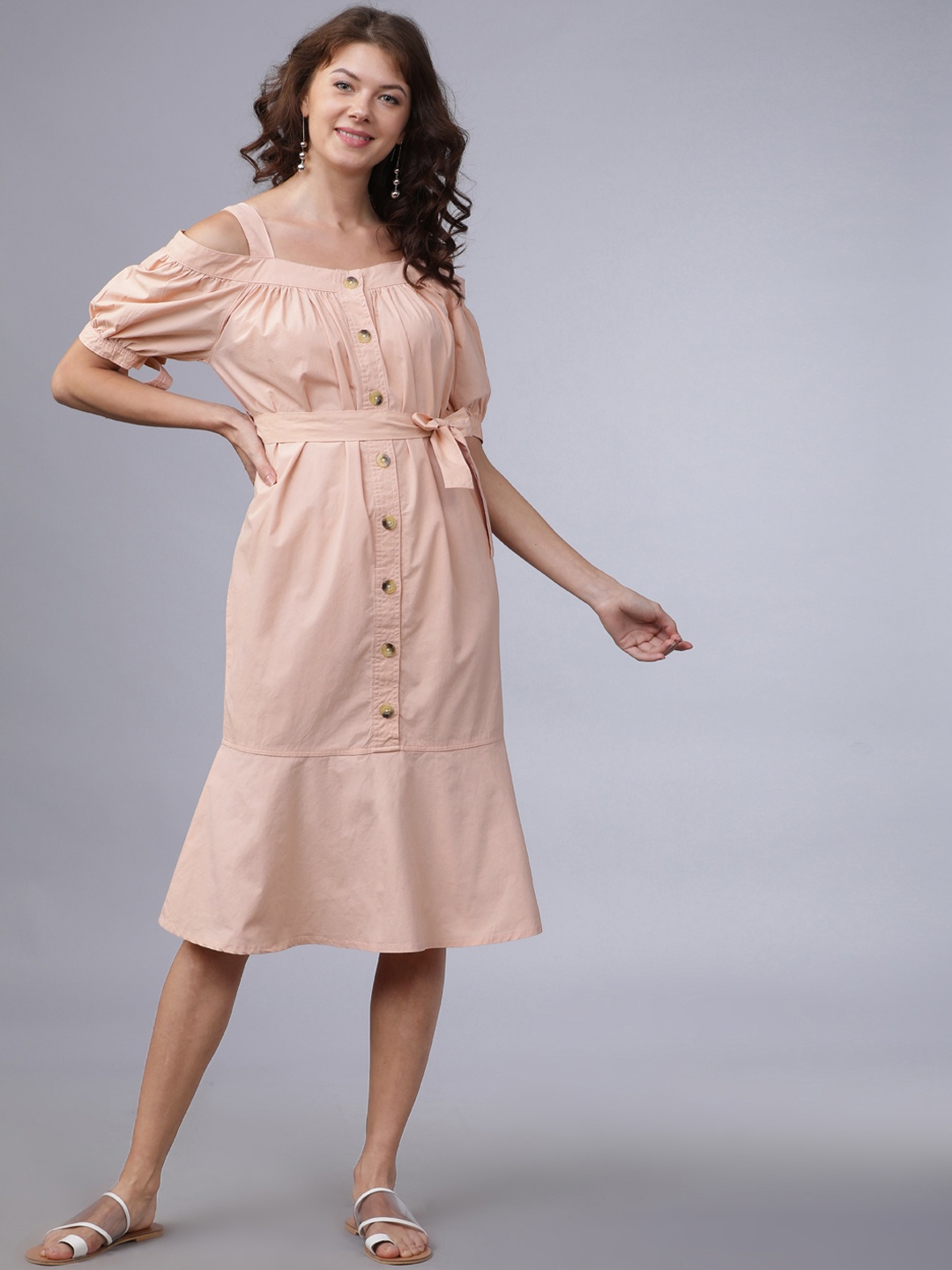 

Tokyo Talkies Women Peach-Coloured Solid Fit and Flare Dress