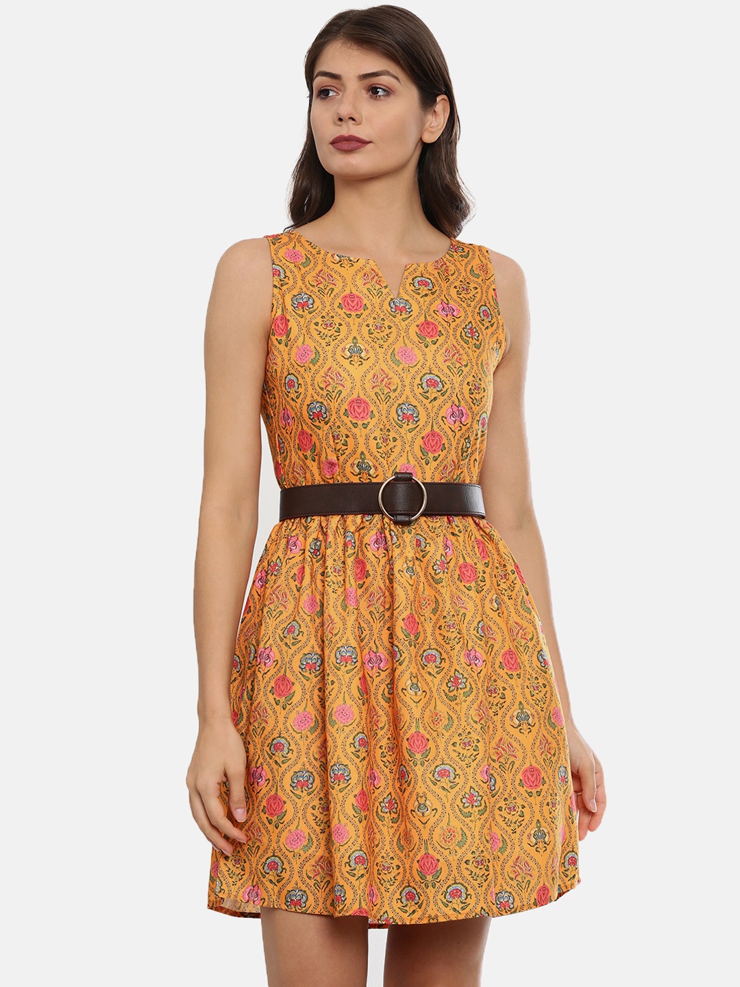 

IDK Women Yellow Printed Fit and Flare Dress
