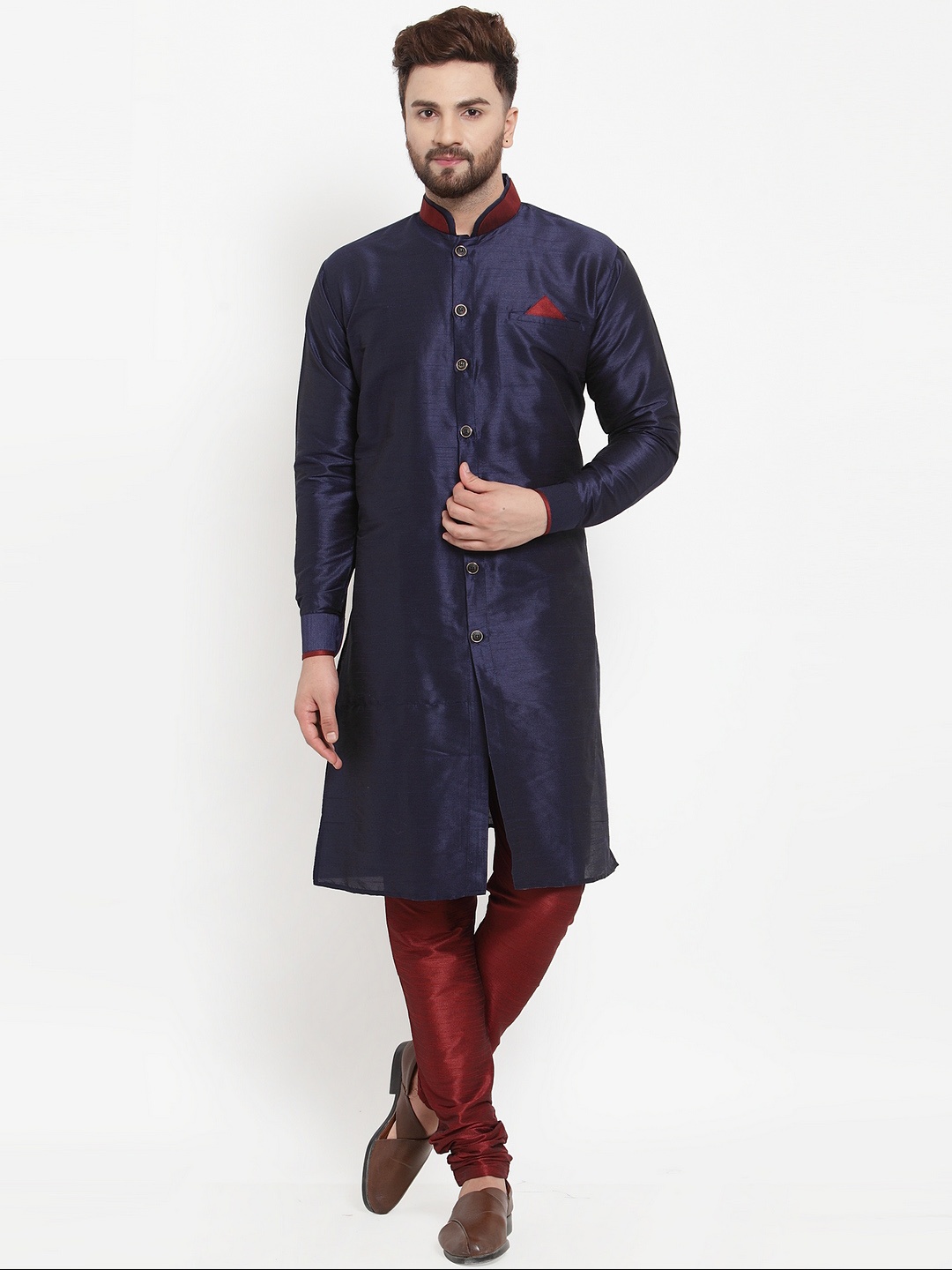 

Benstoke Men Navy Blue & Maroon Solid Silk Sherwani Set