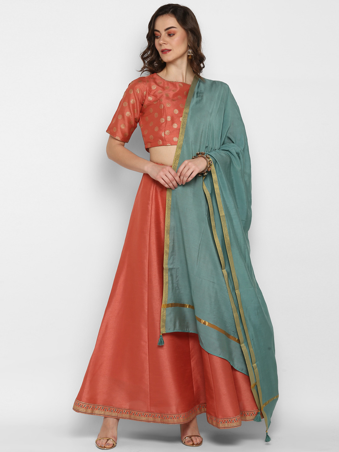 

Janasya Peach-Coloured & Green Printed Ready to Wear Lehenga & Blouse with Dupatta