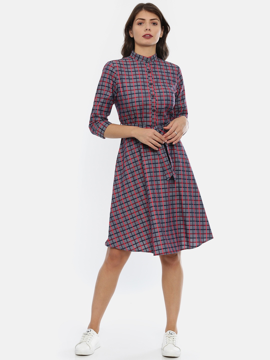 

IDK Women Blue Checked Shirt Dress