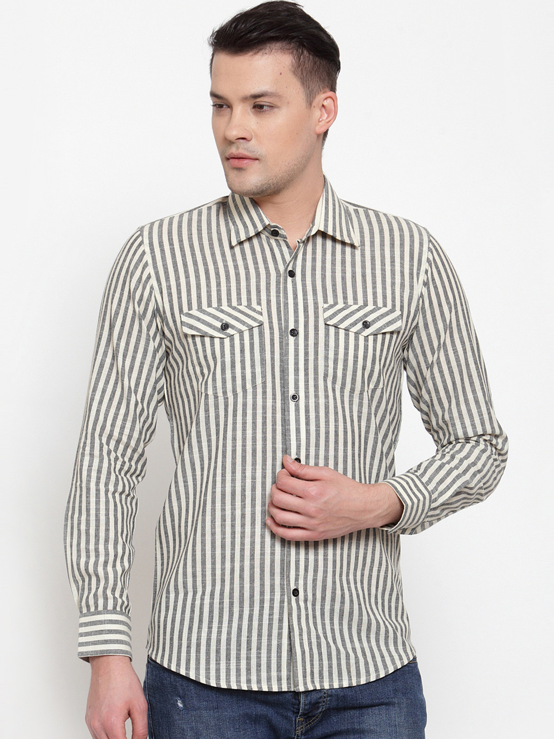

Purple State Men White & Grey Slim Fit Striped Casual Shirt