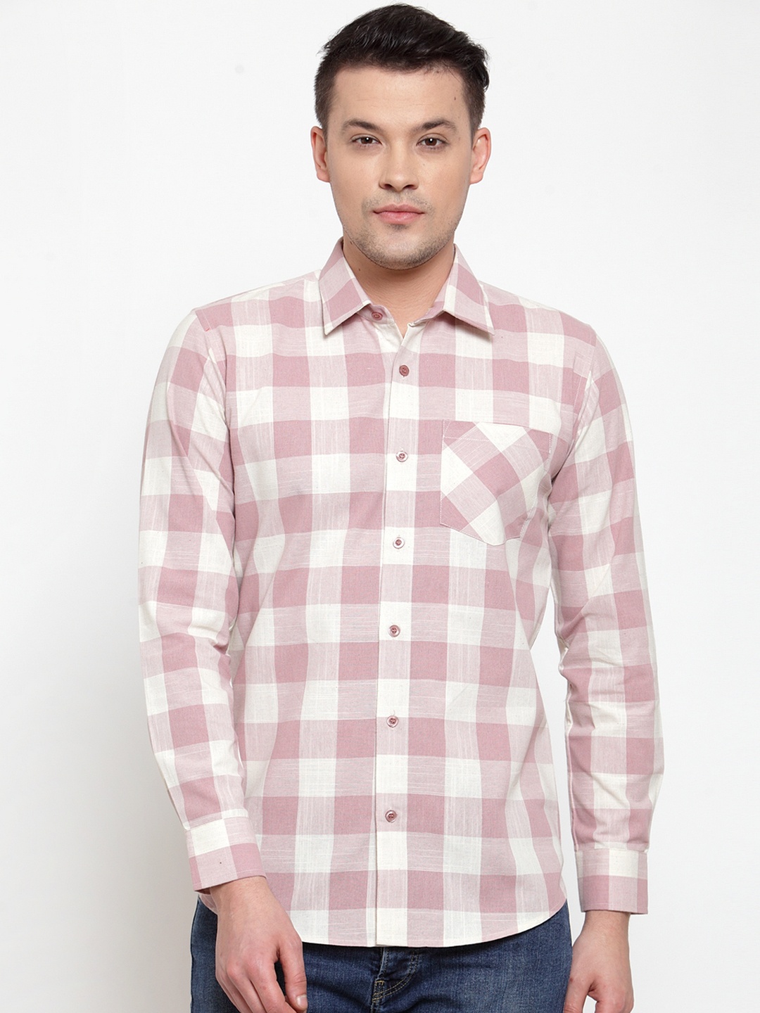 

Purple State Men White & Pink Checked Regular Fit Casual Shirt