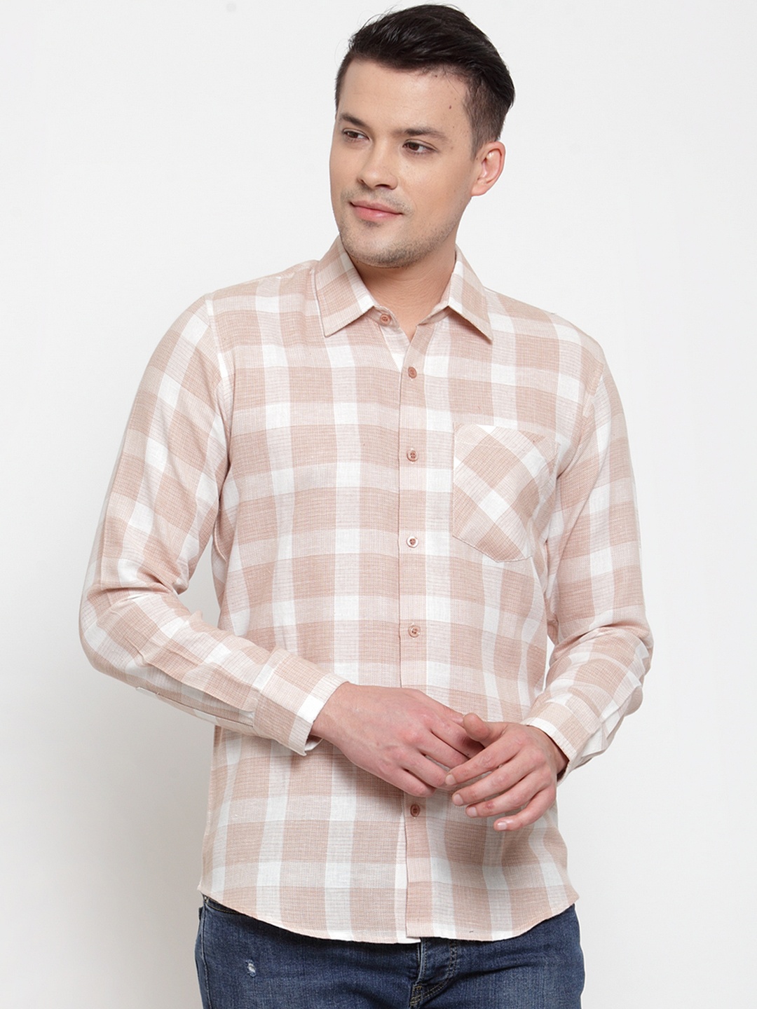 

Purple State Men White & Nude-Coloured Checked Regular Fit Casual Shirt
