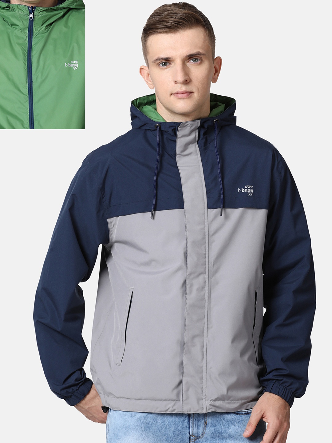 

t-base Men Grey & Green Waterproof Reversible Seam Sealed Rain Jacket