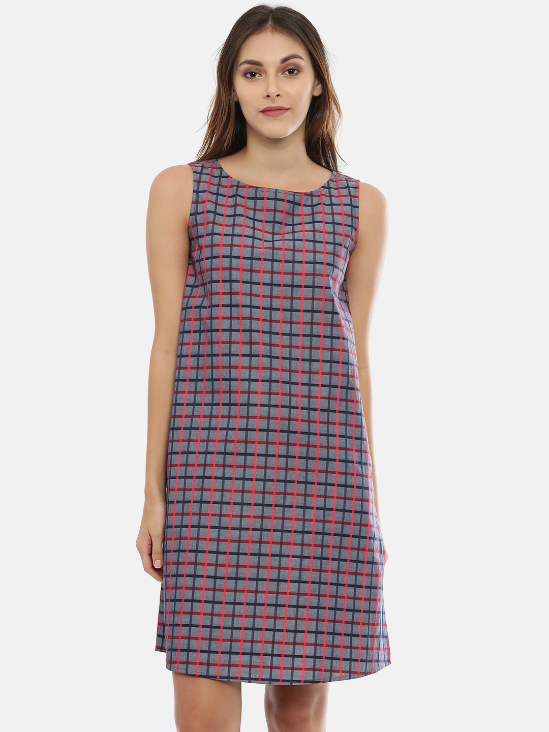 

IDK Women Blue & Red Checked A-Line Dress