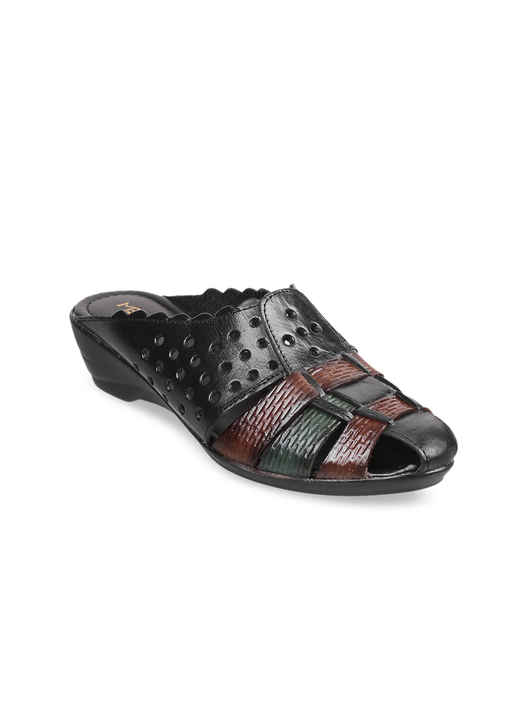

Metro Women Black & Maroon Colourblocked Leather Mules