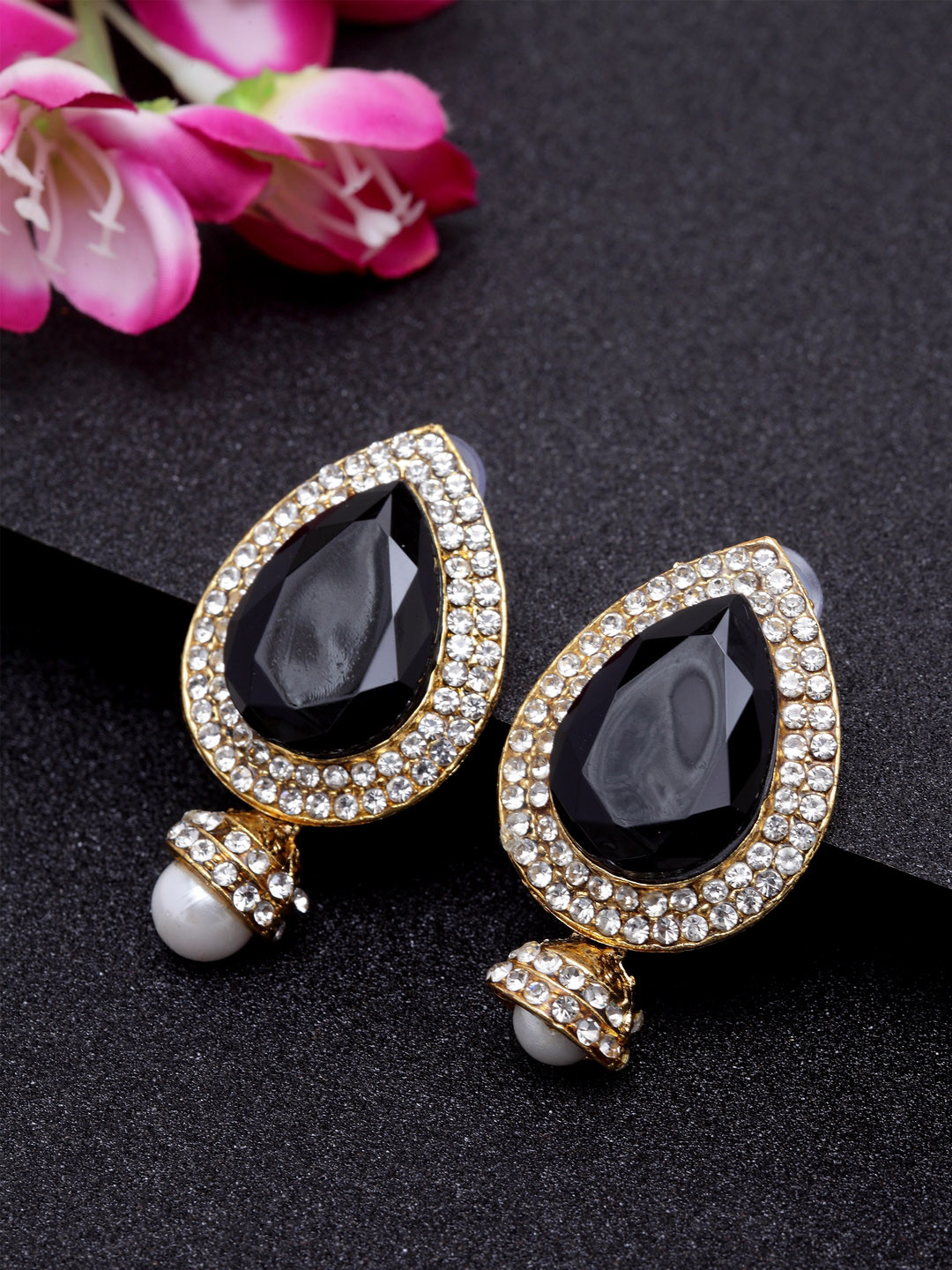 

ANIKAS CREATION Black & Gold-Toned Gold-Plated Teardrop Shaped Drop Earrings