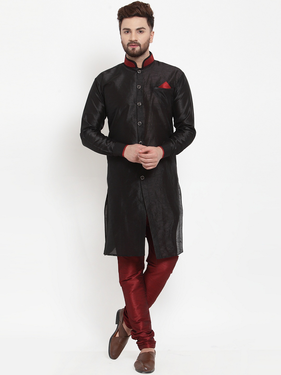 

Benstoke Men Black & Maroon Solid Silk Sherwani Set