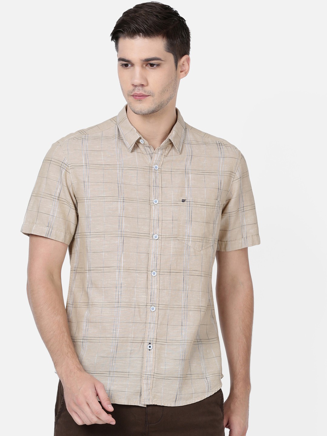 

t-base Men Beige Regular Fit Checked Casual Shirt
