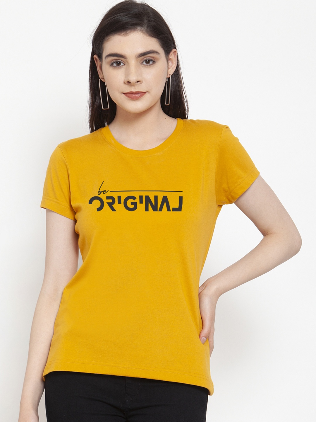 Friskers Women Mustard Printed Round Neck T-shirt