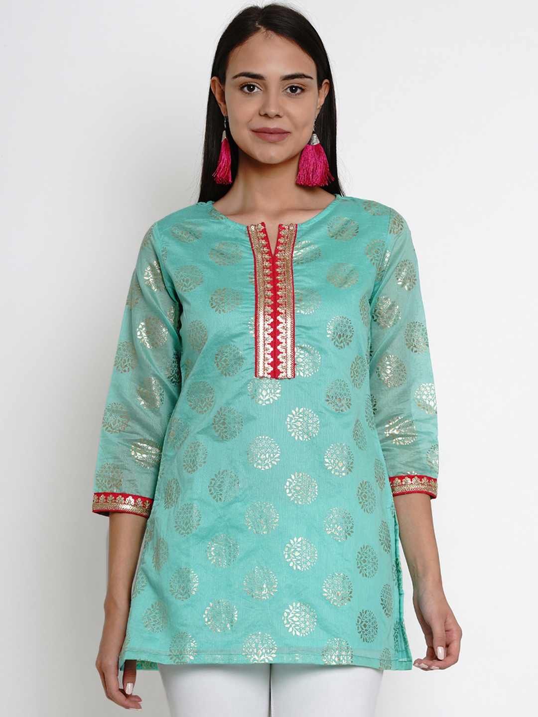 

Bhama Couture Sea Green Woven Design Tunic