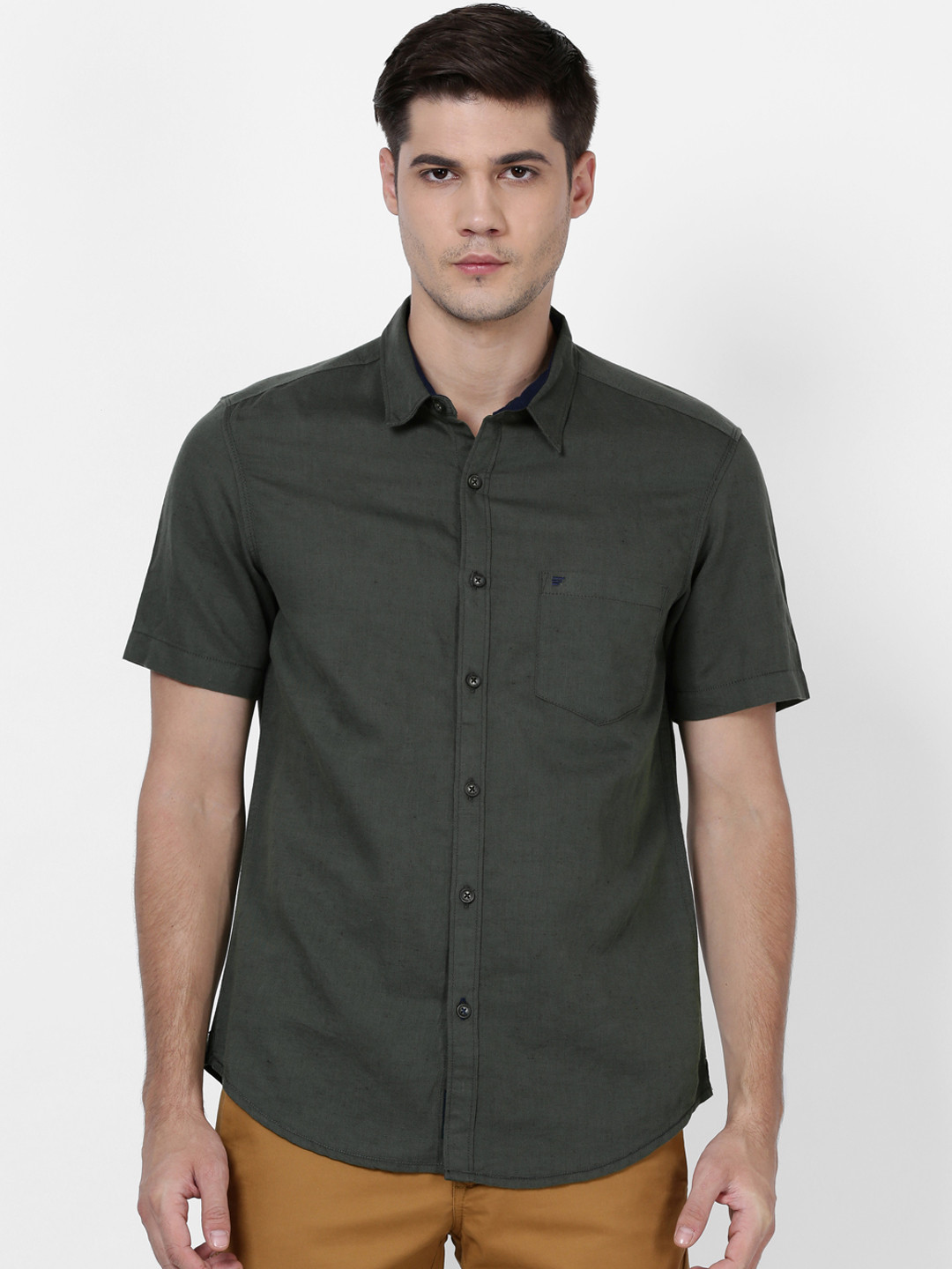 

t-base Men Olive Green Regular Fit Solid Linen Cotton Casual Shirt