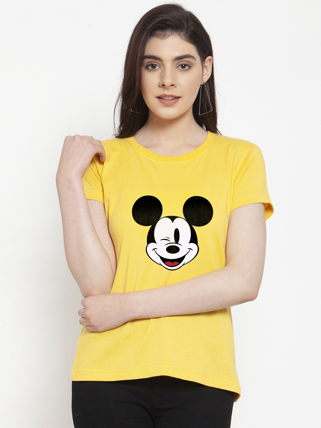 

Friskers Women Yellow Mickey Mouse Printed Round Neck T-shirt