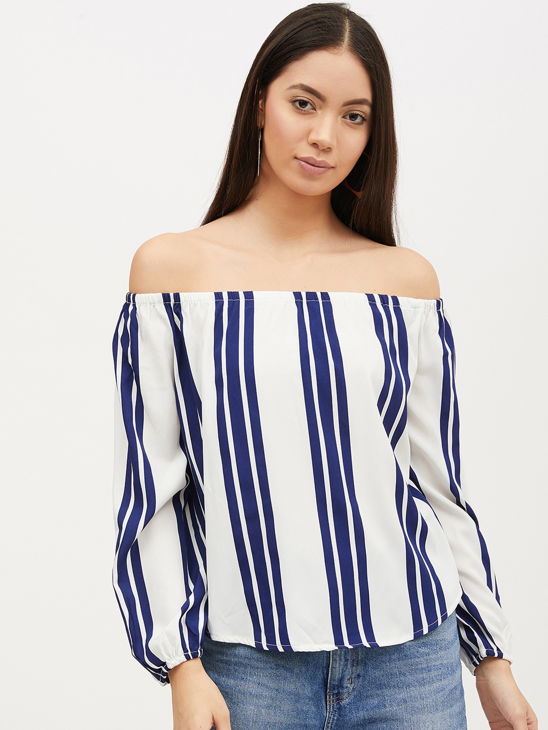 

Harpa Women White & Blue Striped Bardot Top