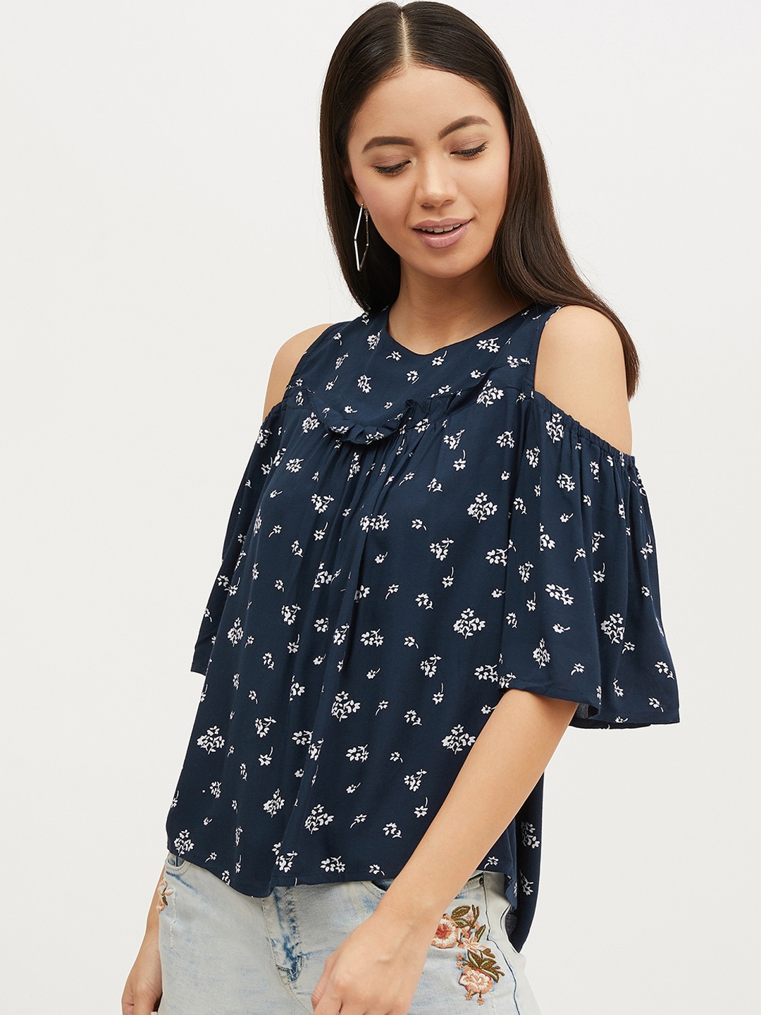 

Harpa Women Navy Blue Printed A-Line Top
