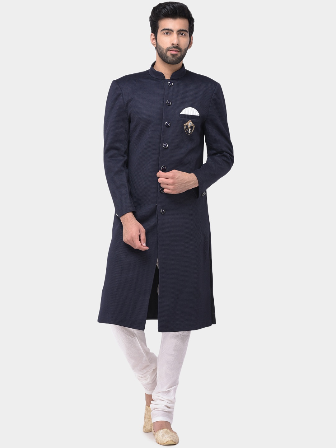 

SG RAJASAHAB Men Navy Blue & White Solid Sherwani Set