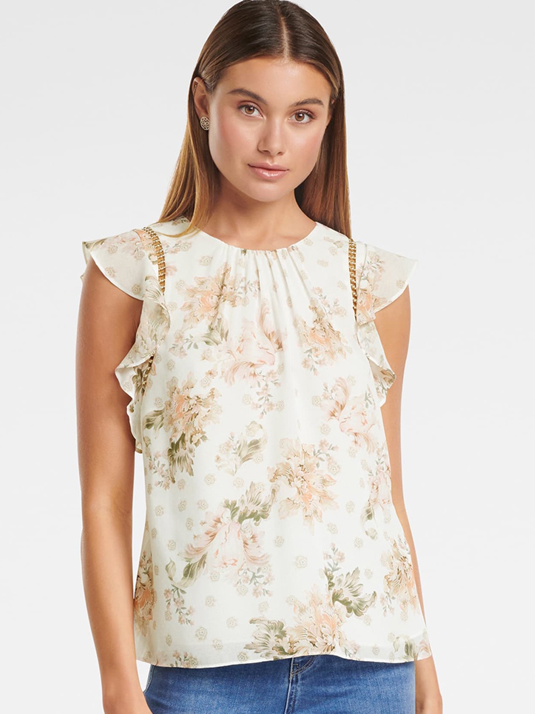 

Forever New Women Beige & Green Floral Printed Top
