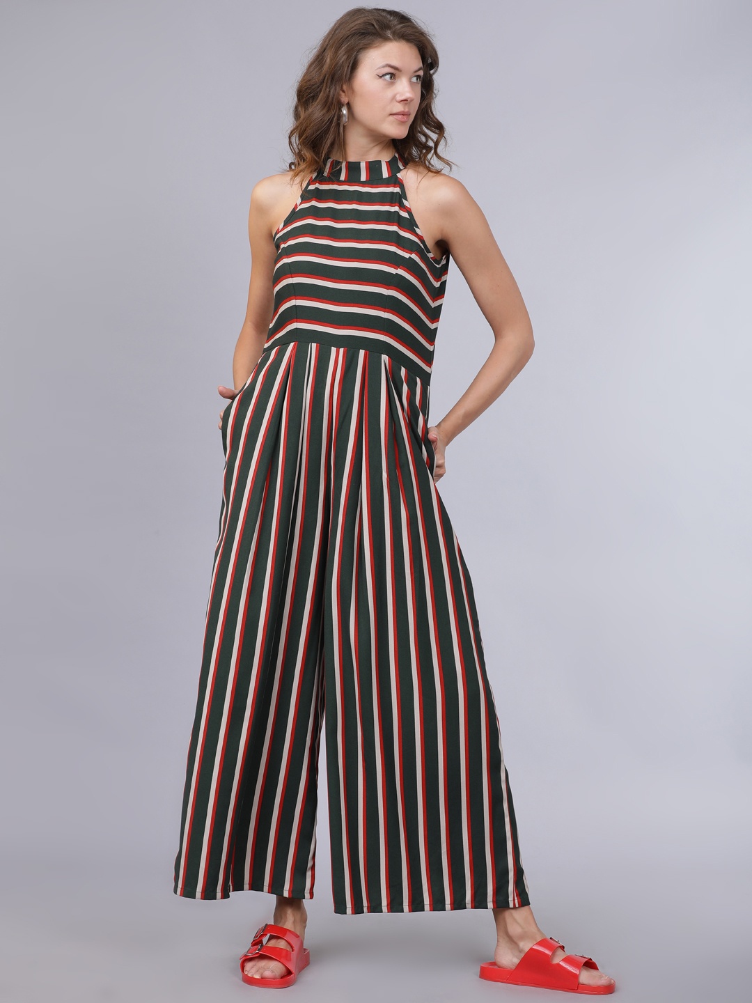 

Tokyo Talkies Women Green & White Striped Basic Jumpsuit