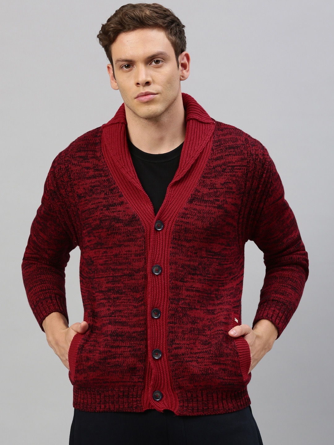 

RARE RABBIT Men Red Self Design Cardigan Sweater