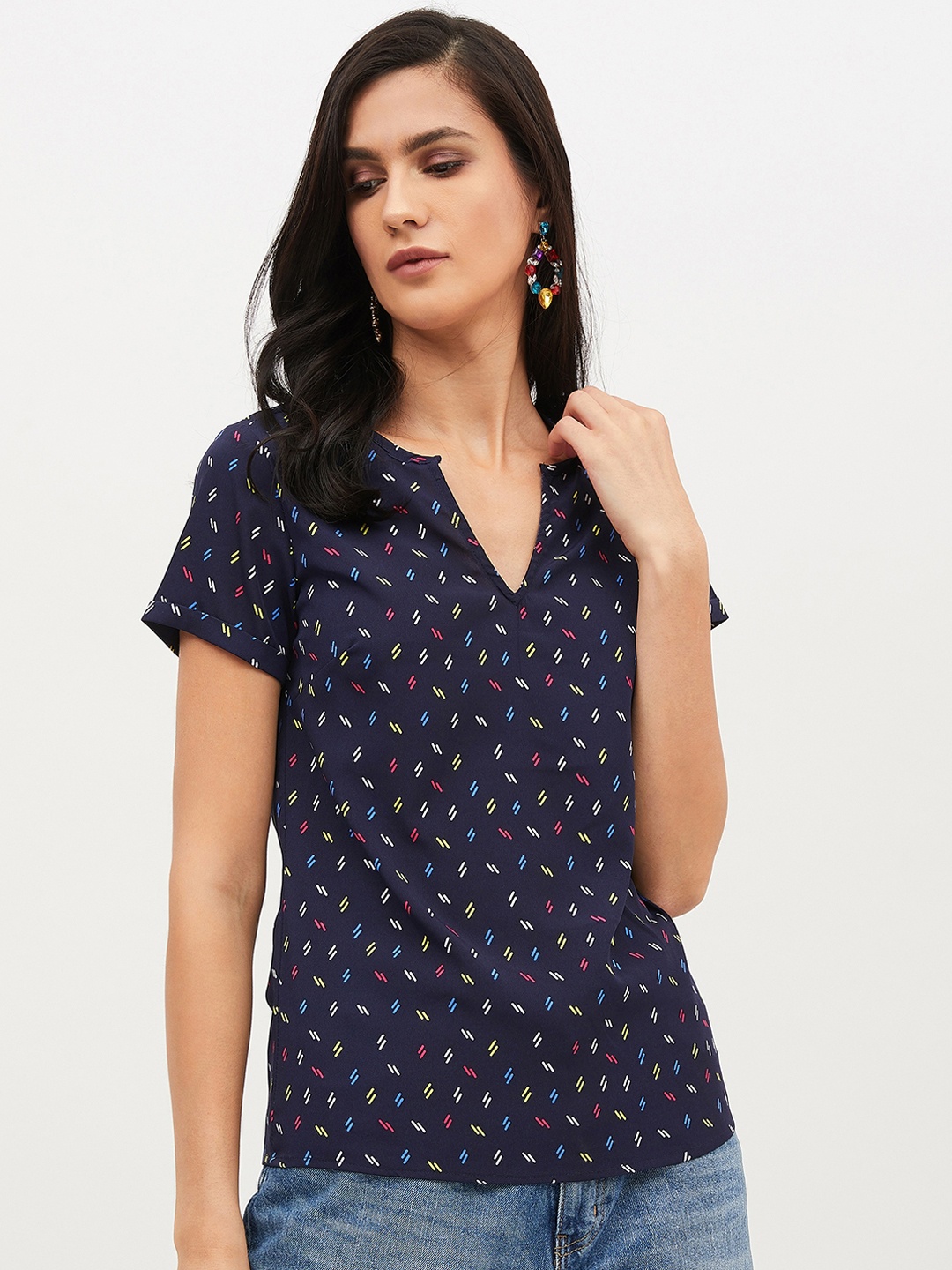 

Harpa Women Navy Blue & Yellow Printed Top