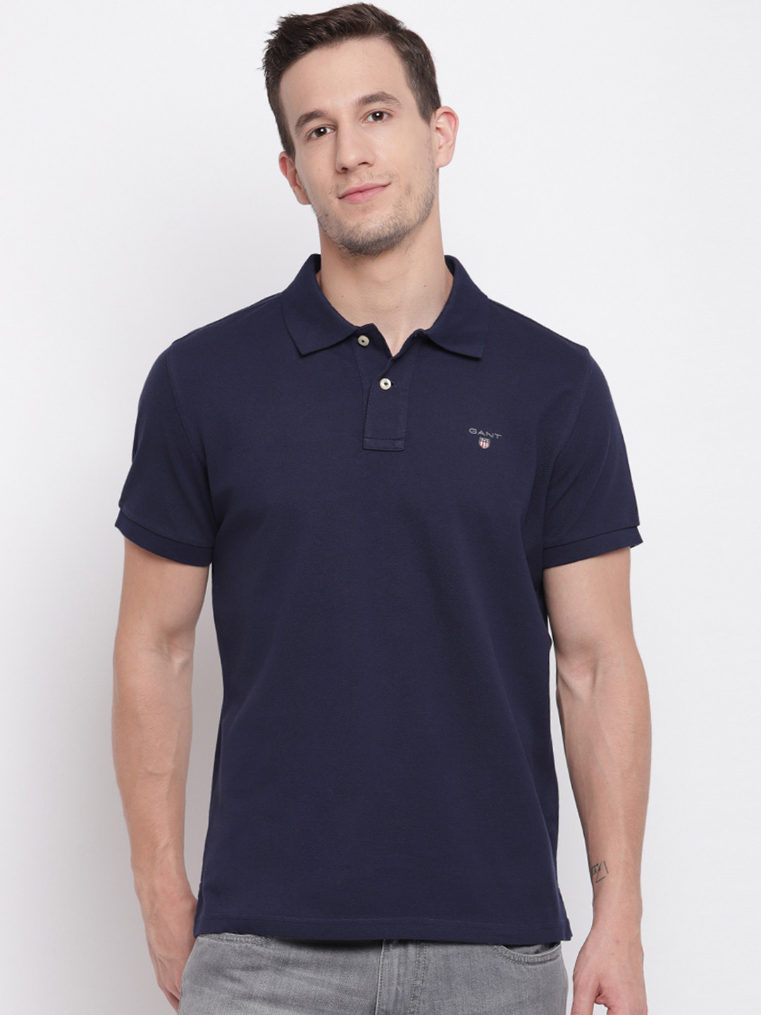 

GANT Men Navy Blue Solid Polo Collar T-shirt