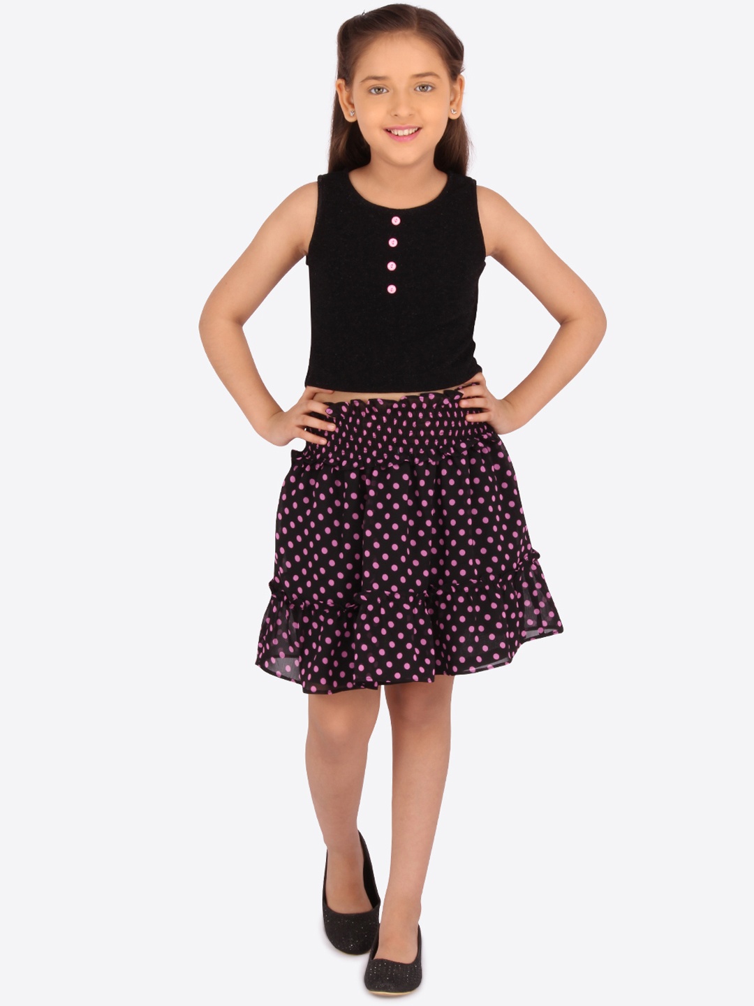 

CUTECUMBER Girls Black & Pink Solid Top with Skirt