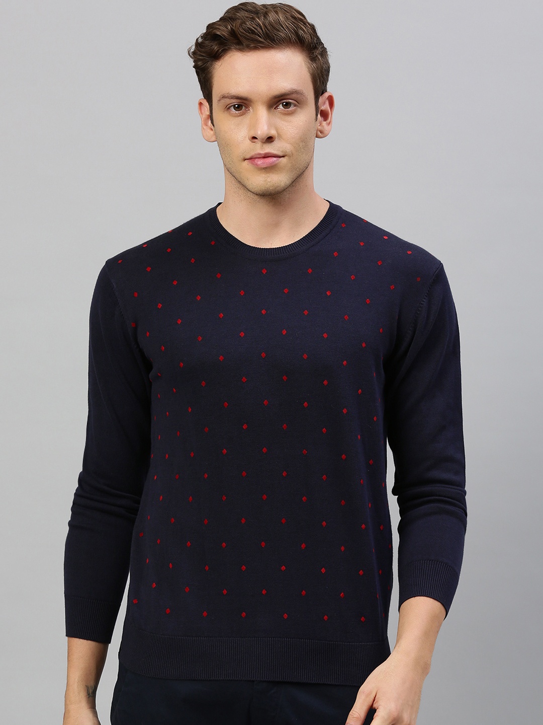

RARE RABBIT Men Flock 1 Slim Fit Printed Pullover Sweater, Navy blue