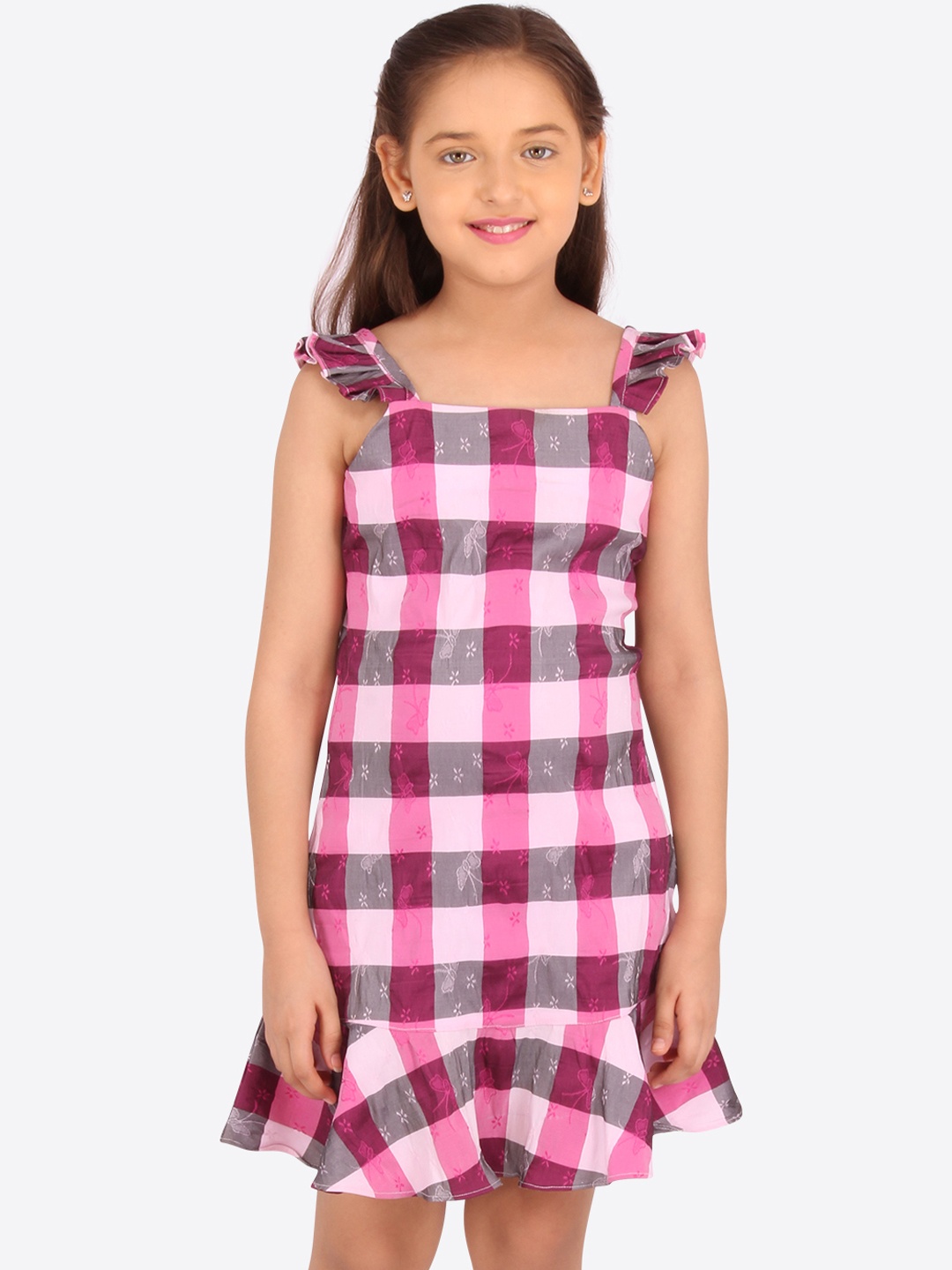 

CUTECUMBER Girls Pink & Grey Checked A-Line Dress