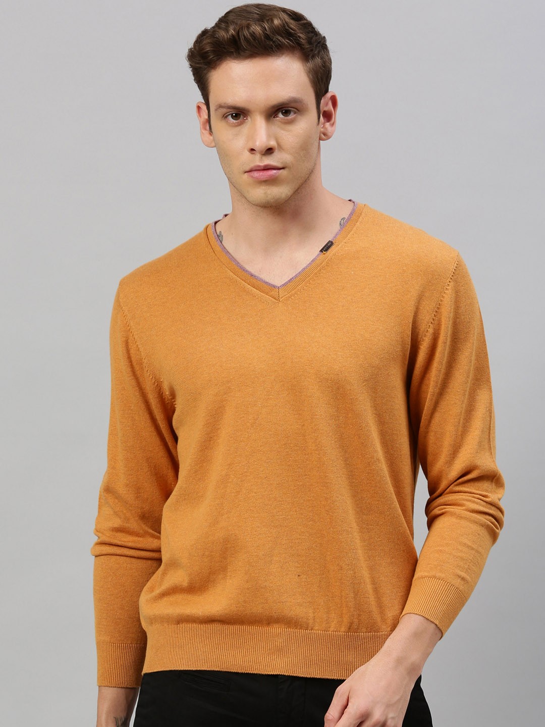 

RARE RABBIT Men Mustard Solid Pullover Sweater